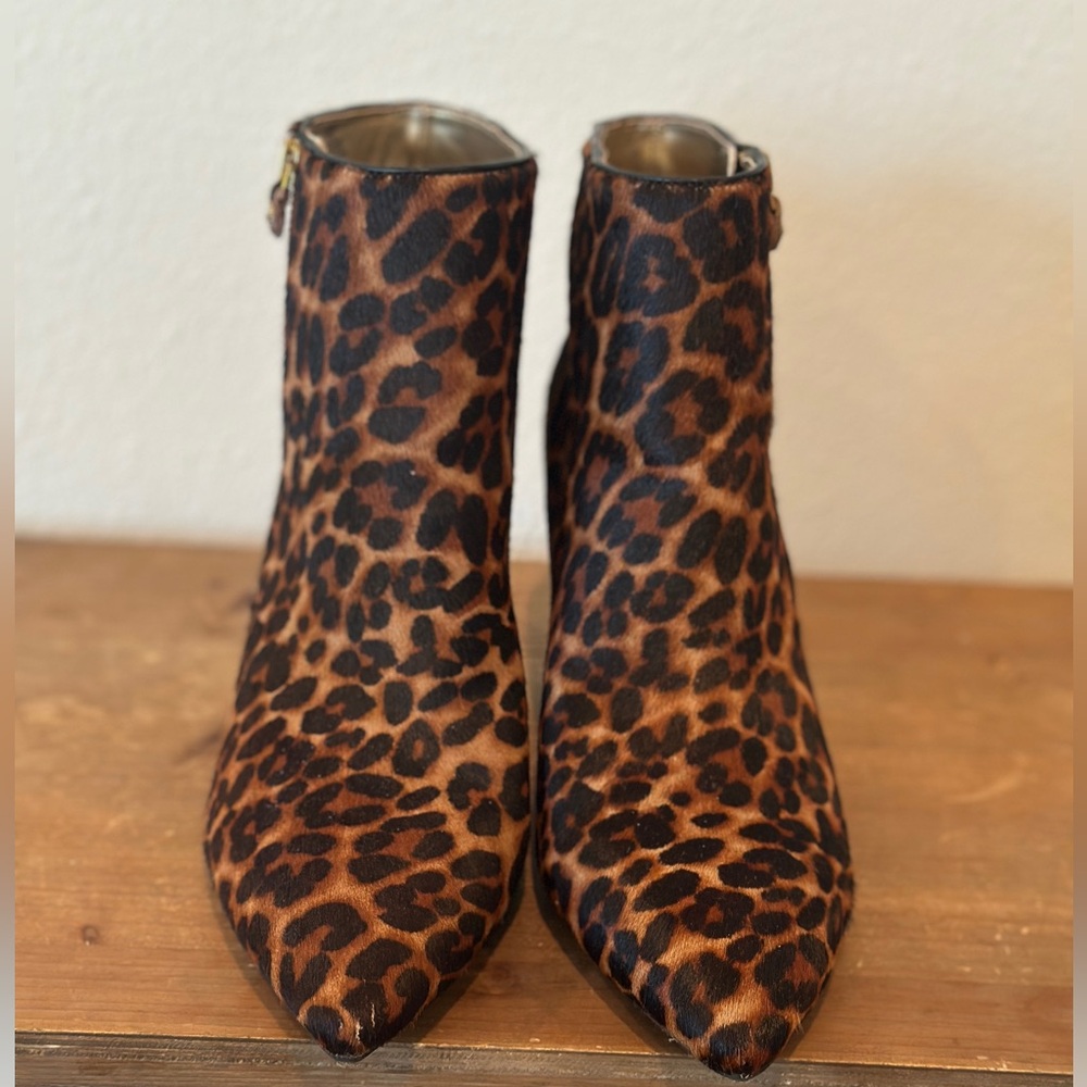 Anne Klein Black/Brown Leopard Print Boots Gold Side zipper, Cone Stacked Heel